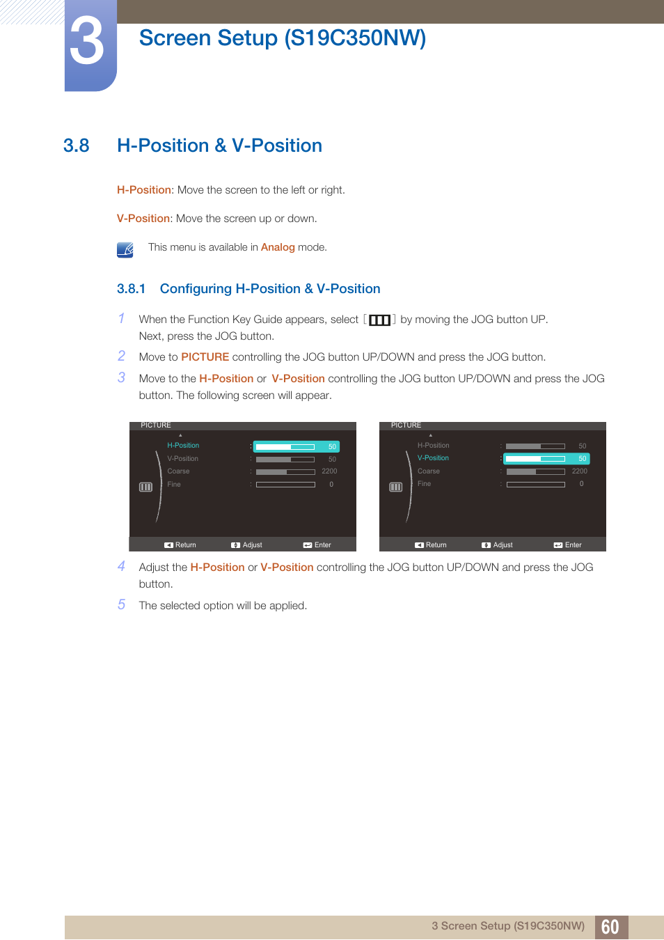 8 h-position & v-position, 1 configuring h-position & v-position, H-position & v-position | Configuring h-position & v-position | Samsung LS27C350HS-ZA User Manual | Page 60 / 157