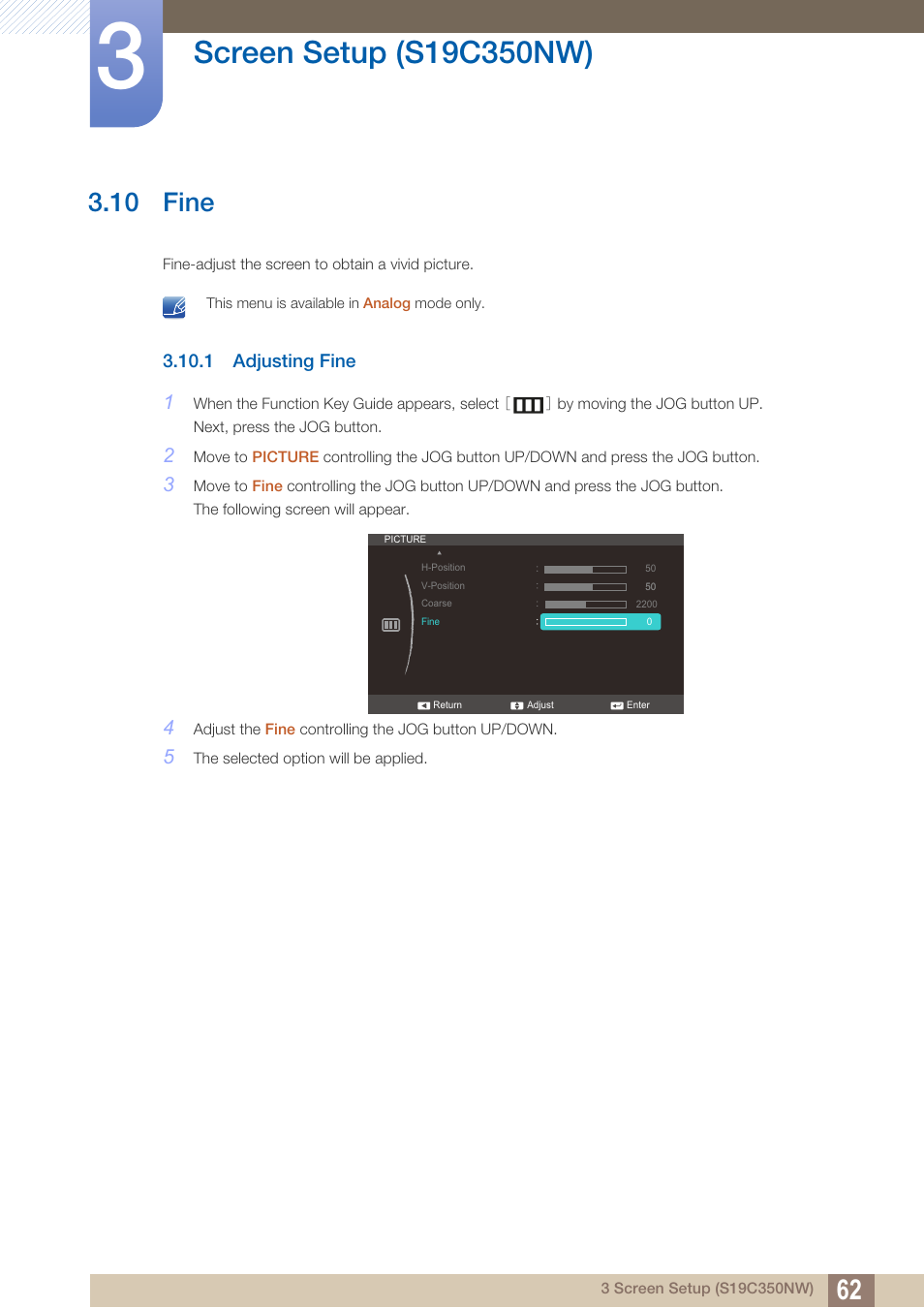 10 fine, 1 adjusting fine, Fine | Adjusting fine | Samsung LS27C350HS-ZA User Manual | Page 62 / 157