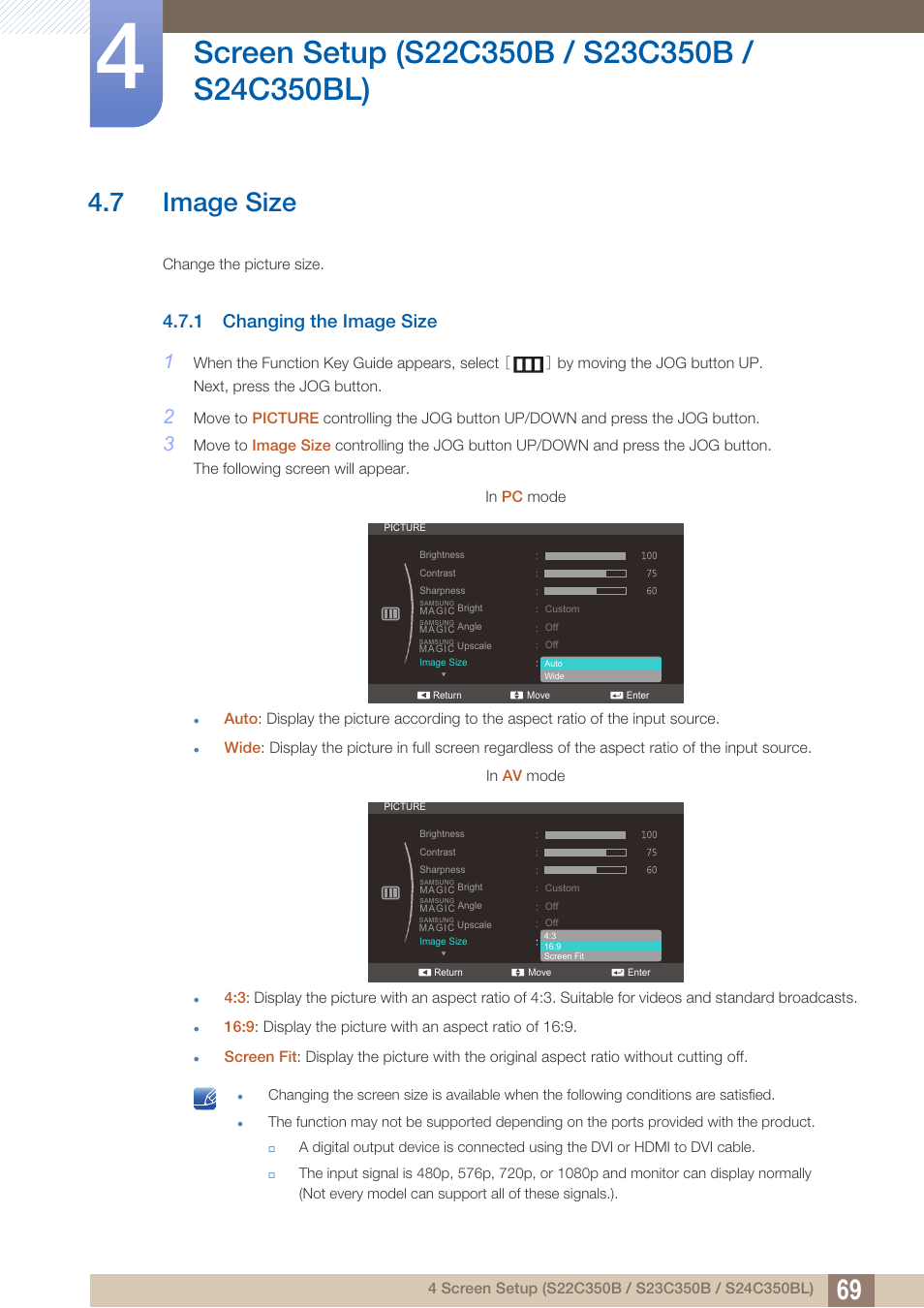 7 image size, 1 changing the image size, Image size | Changing the image size | Samsung LS27C350HS-ZA User Manual | Page 69 / 157