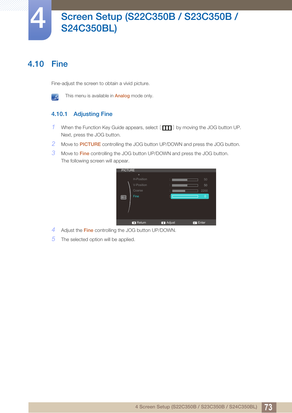 10 fine, 1 adjusting fine, Fine | Adjusting fine | Samsung LS27C350HS-ZA User Manual | Page 73 / 157