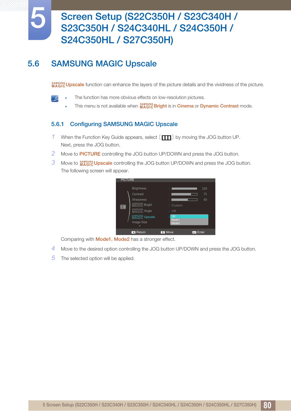 6 samsung magic upscale, 1 configuring samsung magic upscale, Samsung magic upscale | Configuring samsung magic upscale | Samsung LS27C350HS-ZA User Manual | Page 80 / 157