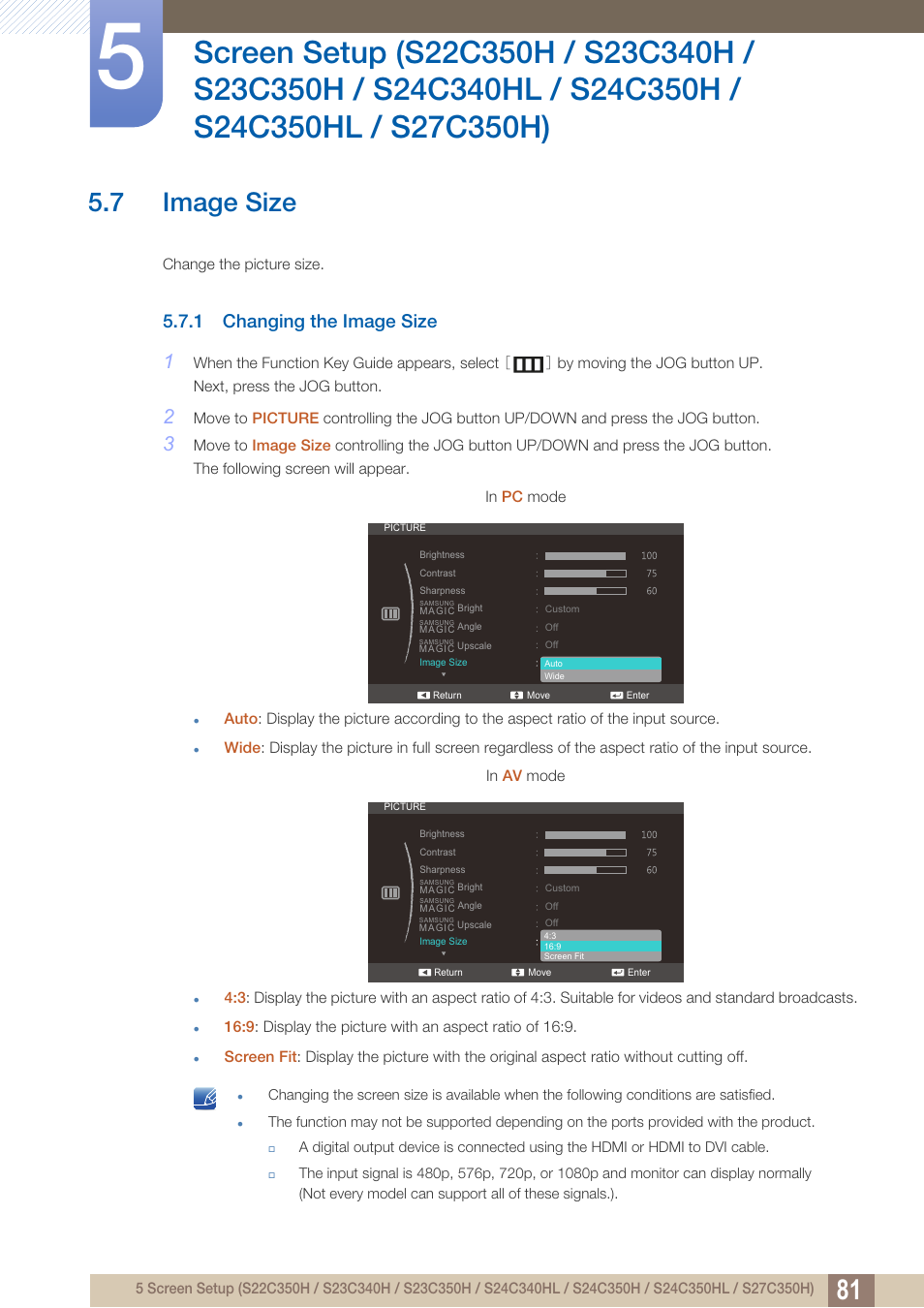 7 image size, 1 changing the image size, Image size | Changing the image size | Samsung LS27C350HS-ZA User Manual | Page 81 / 157