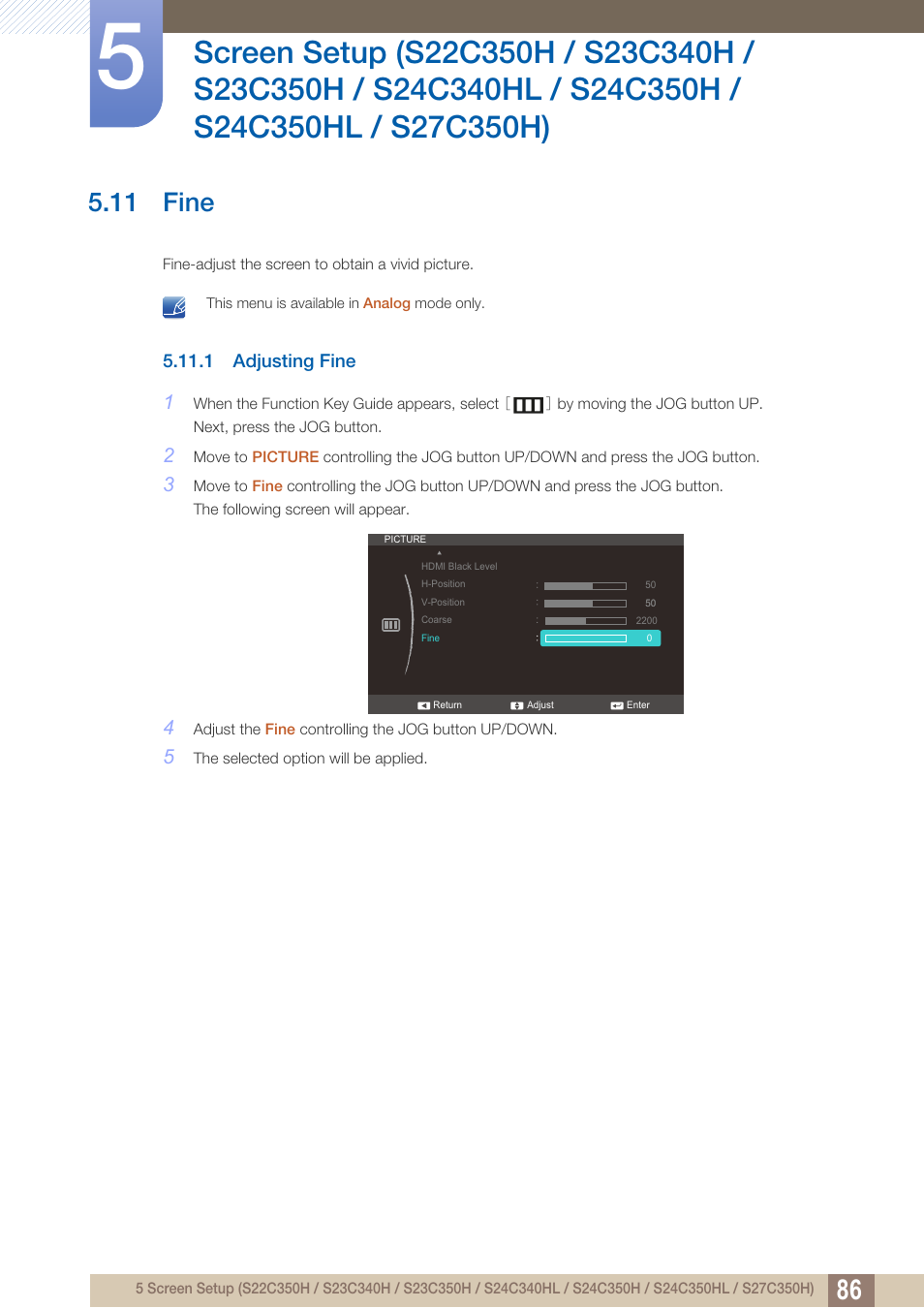 11 fine, 1 adjusting fine, Fine | Adjusting fine | Samsung LS27C350HS-ZA User Manual | Page 86 / 157