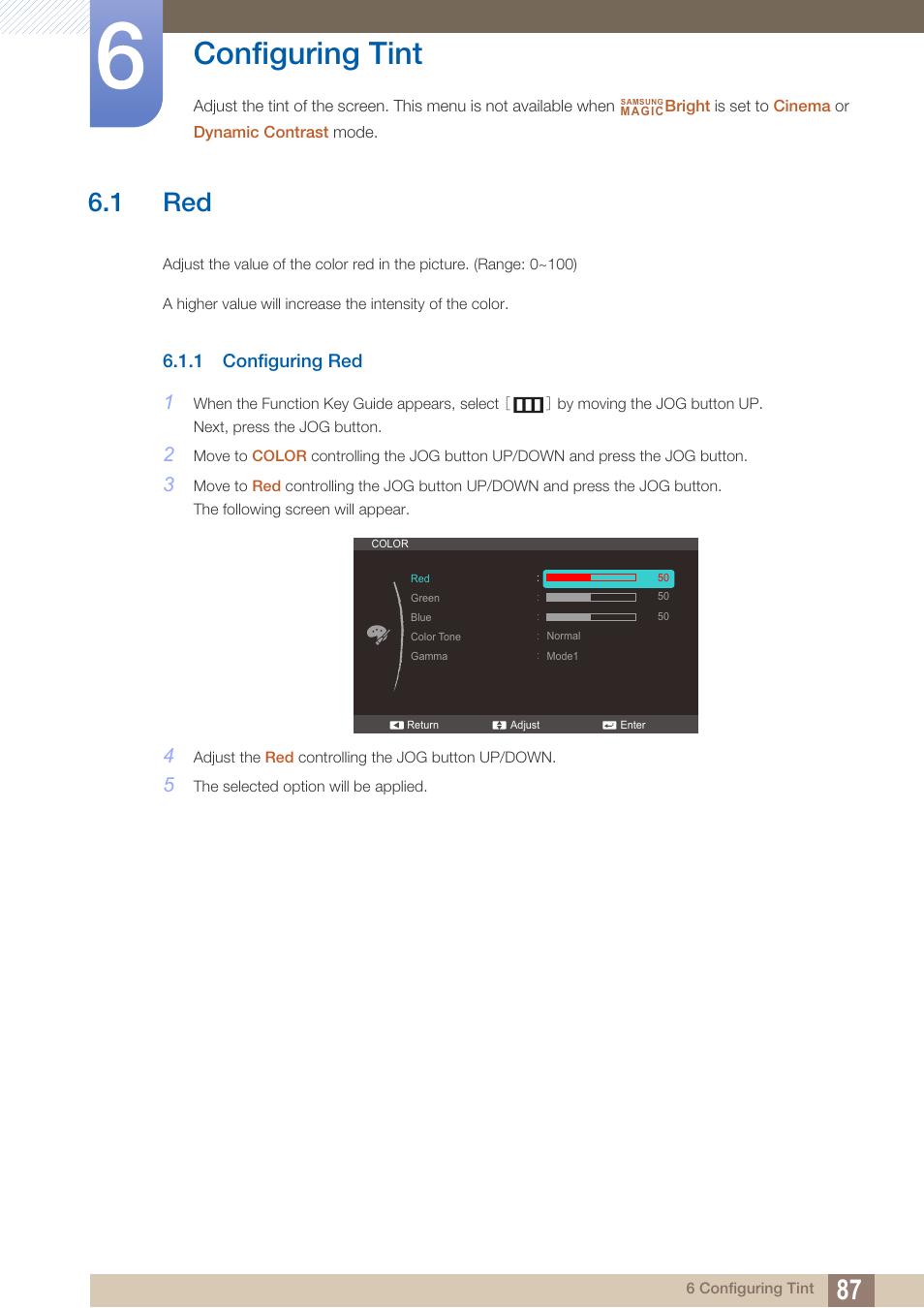 Configuring tint, 1 red, 1 configuring red | Configuring red | Samsung LS27C350HS-ZA User Manual | Page 87 / 157