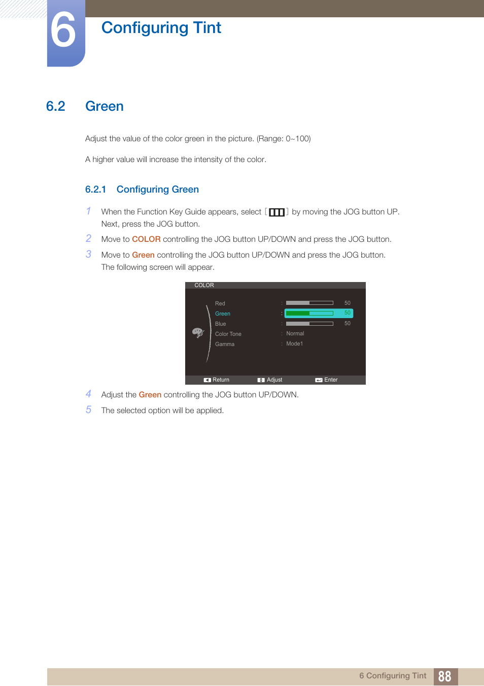 2 green, 1 configuring green, Green | Configuring green, Configuring tint | Samsung LS27C350HS-ZA User Manual | Page 88 / 157