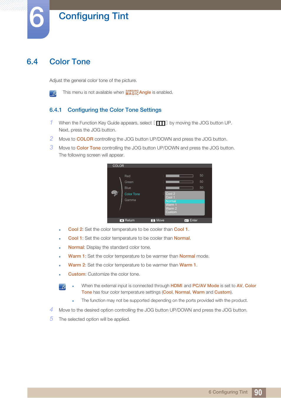 4 color tone, 1 configuring the color tone settings, Color tone | Configuring the color tone settings, Configuring tint | Samsung LS27C350HS-ZA User Manual | Page 90 / 157