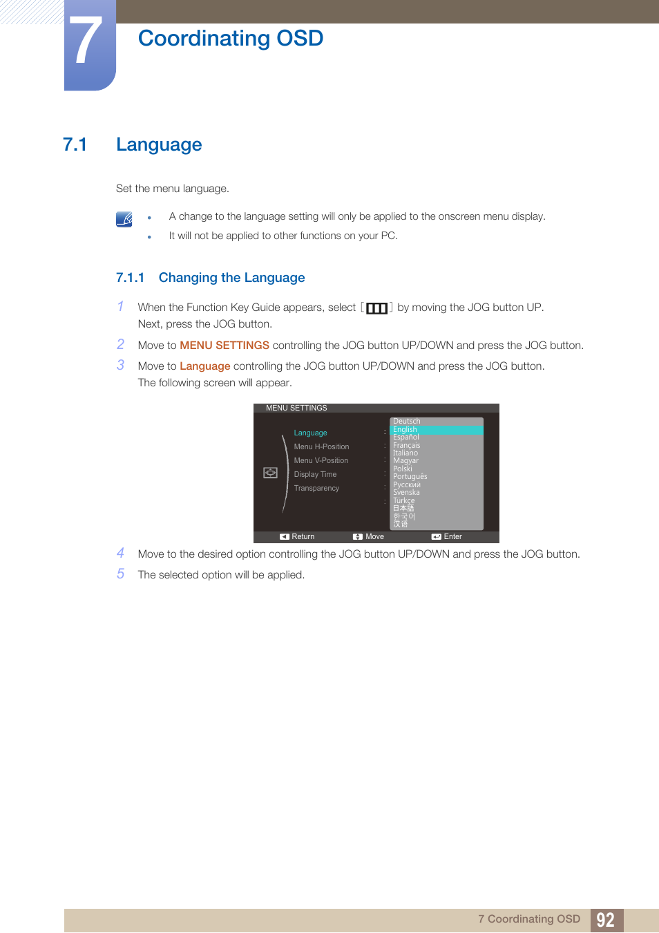 Coordinating osd, 1 language, 1 changing the language | Language, Changing the language | Samsung LS27C350HS-ZA User Manual | Page 92 / 157