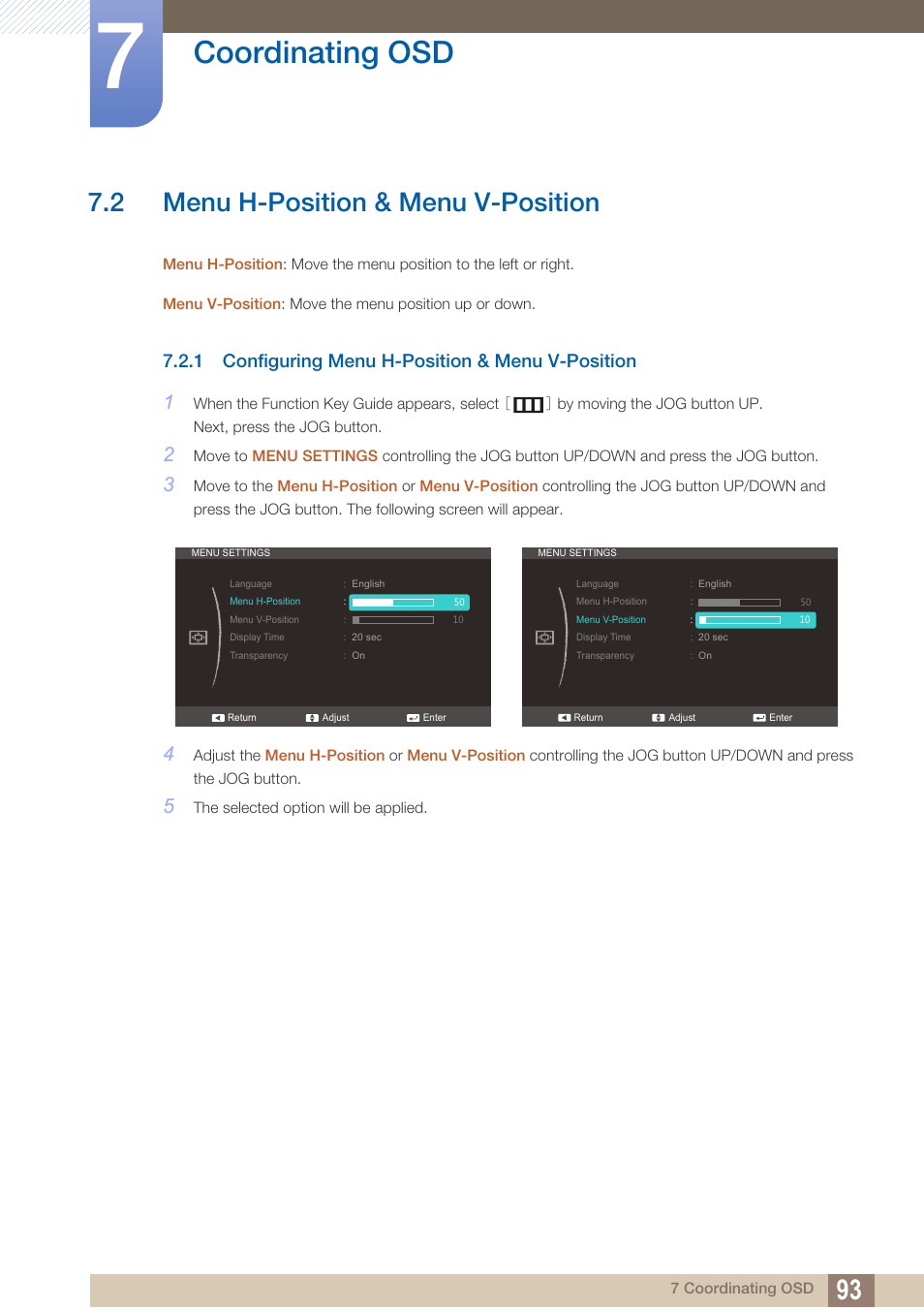 2 menu h-position & menu v-position, 1 configuring menu h-position & menu v-position, Menu h-position & menu v-position | Configuring menu h-position & menu v- position, Coordinating osd | Samsung LS27C350HS-ZA User Manual | Page 93 / 157