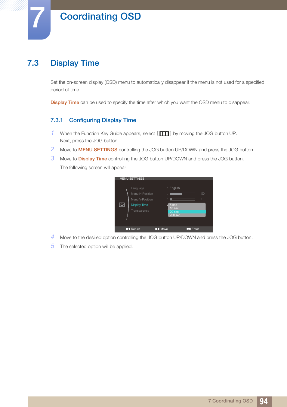 3 display time, 1 configuring display time, Display time | Configuring display time, Coordinating osd | Samsung LS27C350HS-ZA User Manual | Page 94 / 157