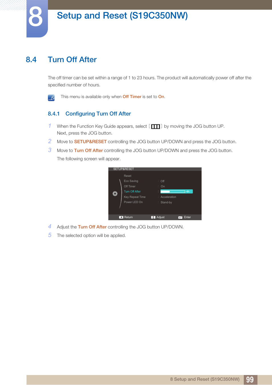 4 turn off after, 1 configuring turn off after, Turn off after | Configuring turn off after | Samsung LS27C350HS-ZA User Manual | Page 99 / 157