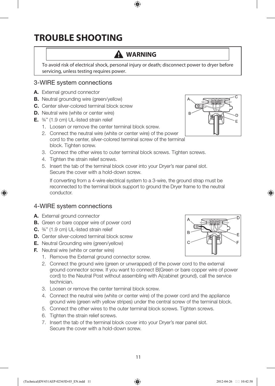 Trouble shooting, Warning | Samsung DV231AGW-XAA User Manual | Page 11 / 12