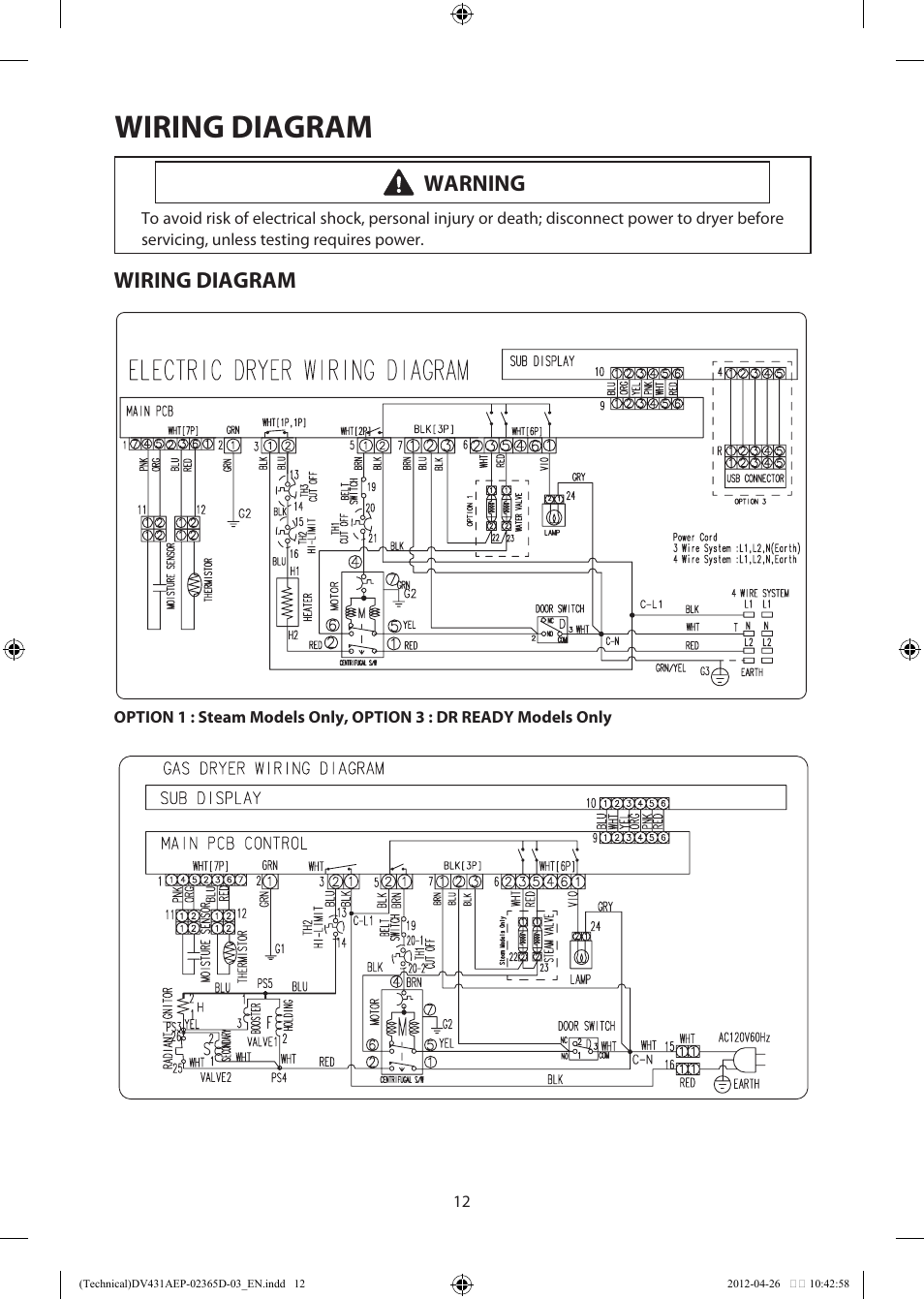 Wiring diagram, Warning | Samsung DV231AGW-XAA User Manual | Page 12 / 12