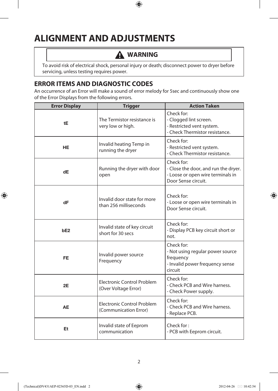 Alignment and adjustments, Error items and diagnostic codes, Warning | Samsung DV231AGW-XAA User Manual | Page 2 / 12