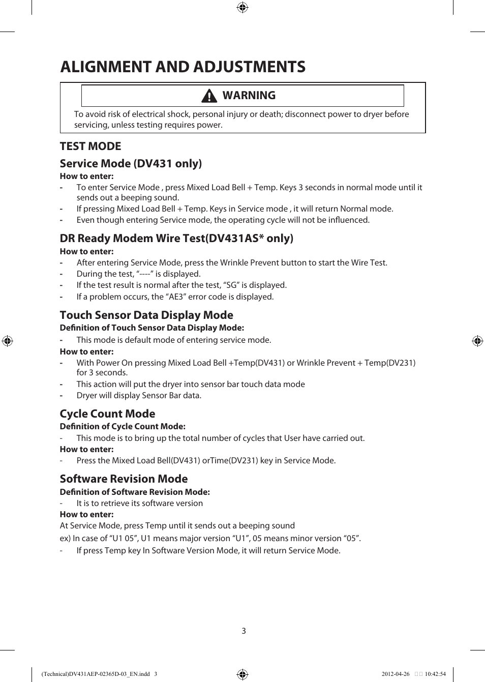 Alignment and adjustments, Test mode service mode (dv431 only), Dr ready modem wire test(dv431as* only) | Touch sensor data display mode, Cycle count mode, Software revision mode, Warning | Samsung DV231AGW-XAA User Manual | Page 3 / 12