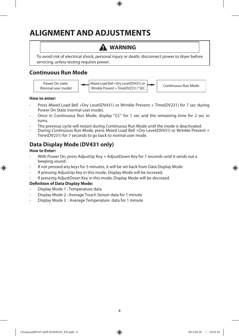 Alignment and adjustments, Continuous run mode, Data display mode (dv431 only) | Warning | Samsung DV231AGW-XAA User Manual | Page 4 / 12