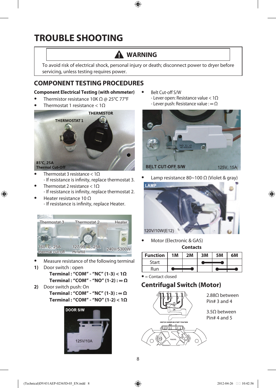 Trouble shooting, Warning, Component testing procedures | Centrifugal switch (motor) | Samsung DV231AGW-XAA User Manual | Page 8 / 12