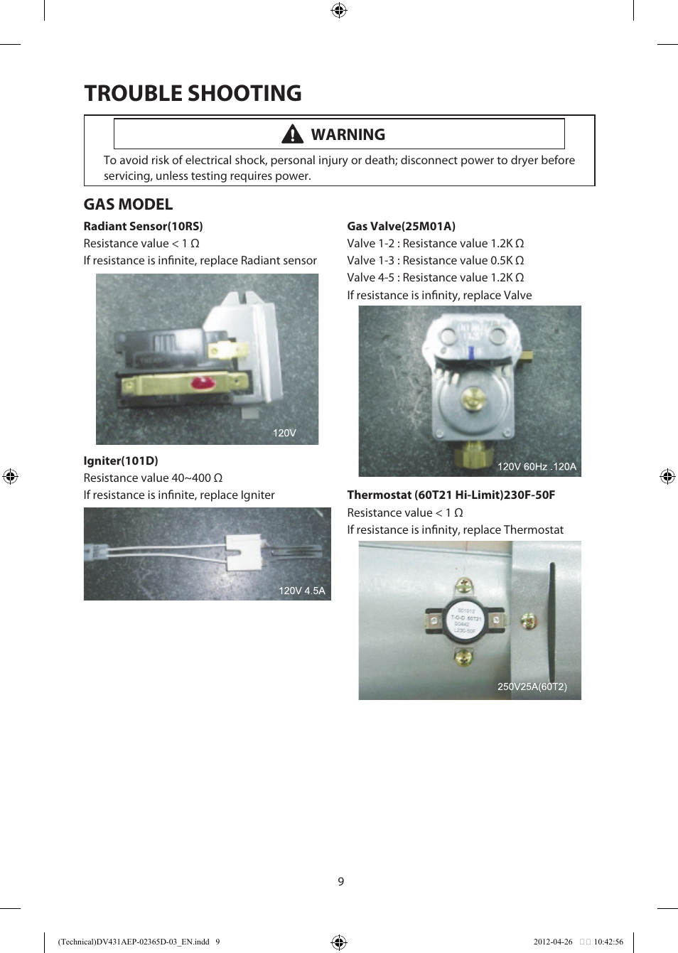 Trouble shooting, Gas model, Warning | Samsung DV231AGW-XAA User Manual | Page 9 / 12