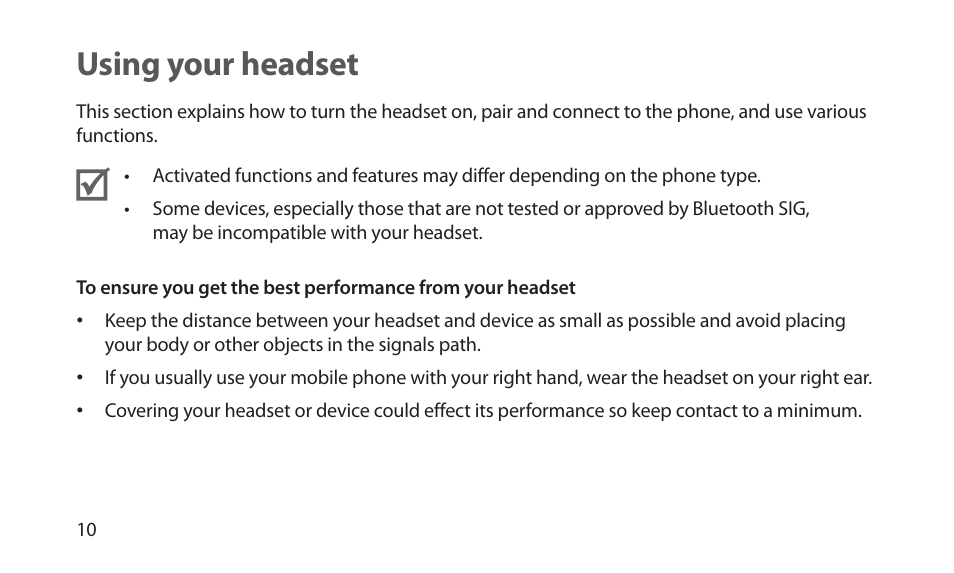 Using your headset | Samsung BHM1200NBACSTA User Manual | Page 12 / 67