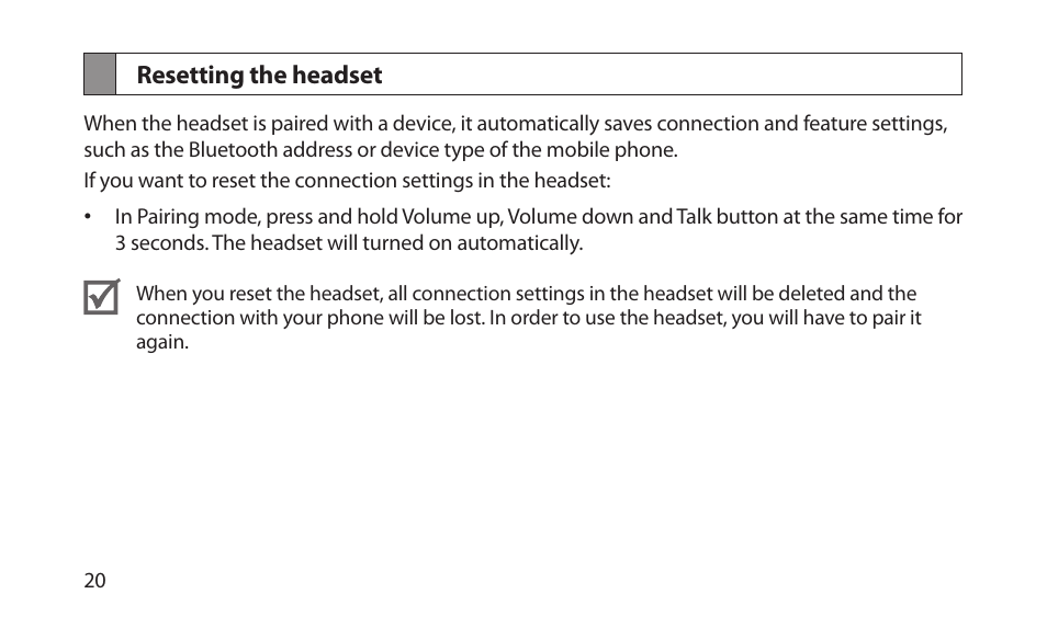 Resetting the headset | Samsung BHM1200NBACSTA User Manual | Page 22 / 67