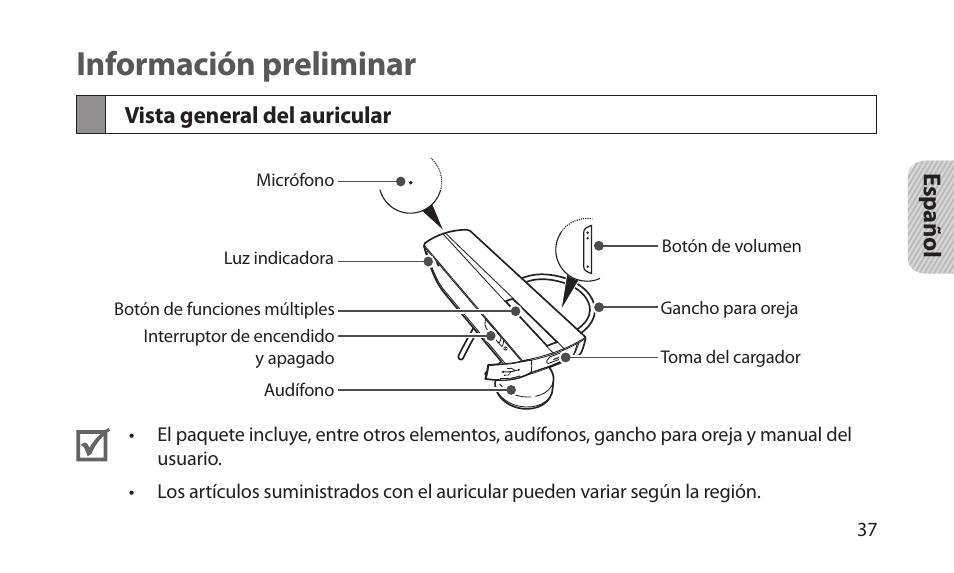 Información preliminar, Vista general del auricular | Samsung BHM1200NBACSTA User Manual | Page 39 / 67