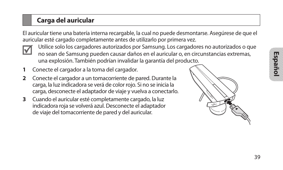 Carga del auricular | Samsung BHM1200NBACSTA User Manual | Page 41 / 67