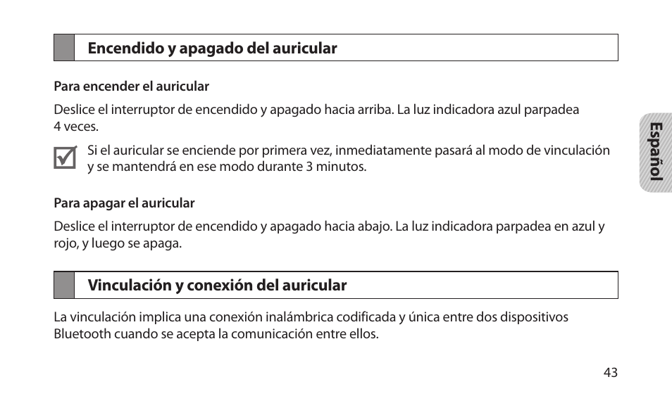 Encendido y apagado del auricular, Vinculación y conexión del auricular | Samsung BHM1200NBACSTA User Manual | Page 45 / 67