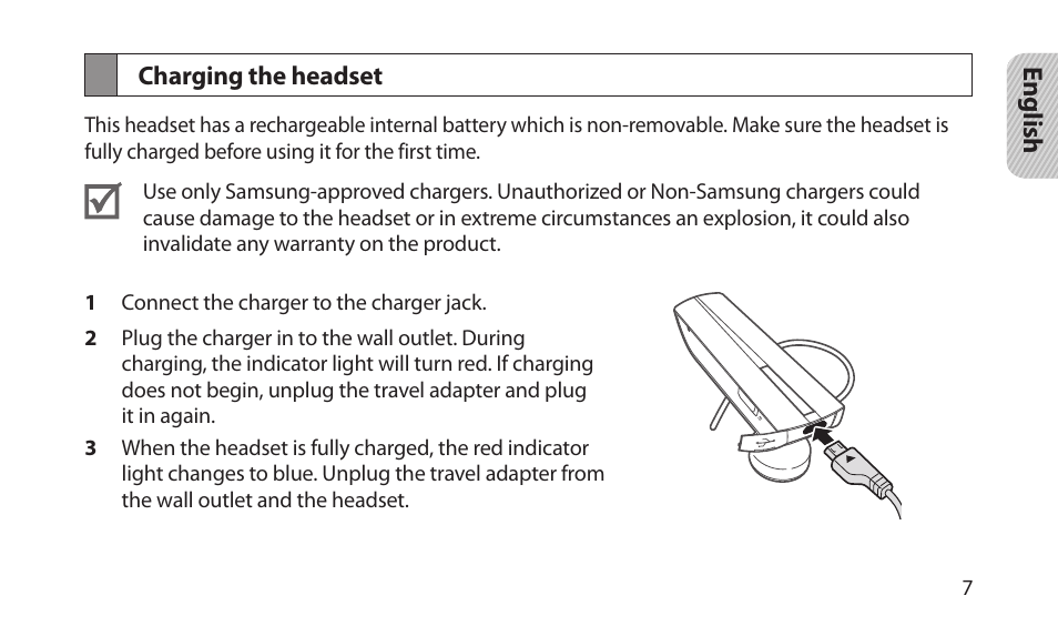 Charging the headset | Samsung BHM1200NBACSTA User Manual | Page 9 / 67
