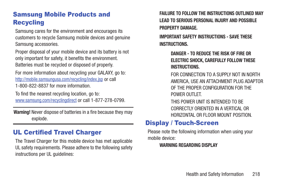 Samsung mobile products and recycling, Ul certified travel charger, Display / touch-screen | Samsung GT-P7310MAEXAR User Manual | Page 223 / 264