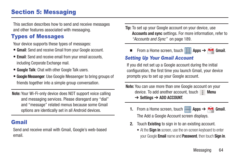 Section 5: messaging, Types of messages, Gmail | Types of messages gmail, For more, For more information, refer | Samsung GT-P7310MAEXAR User Manual | Page 69 / 264