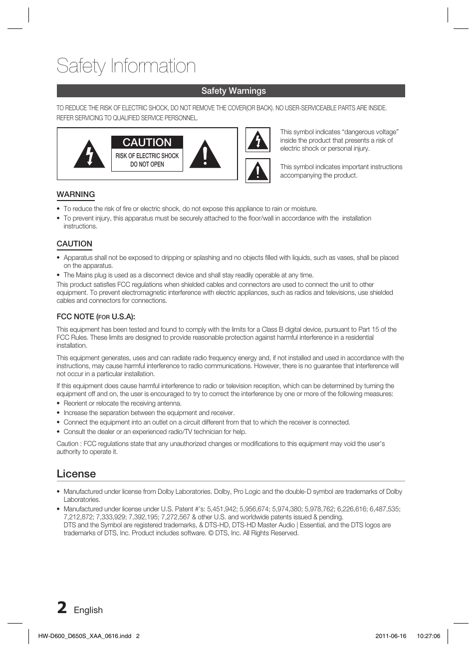 Safety information, Caution, License | Samsung HW-D650S-ZA User Manual | Page 2 / 62