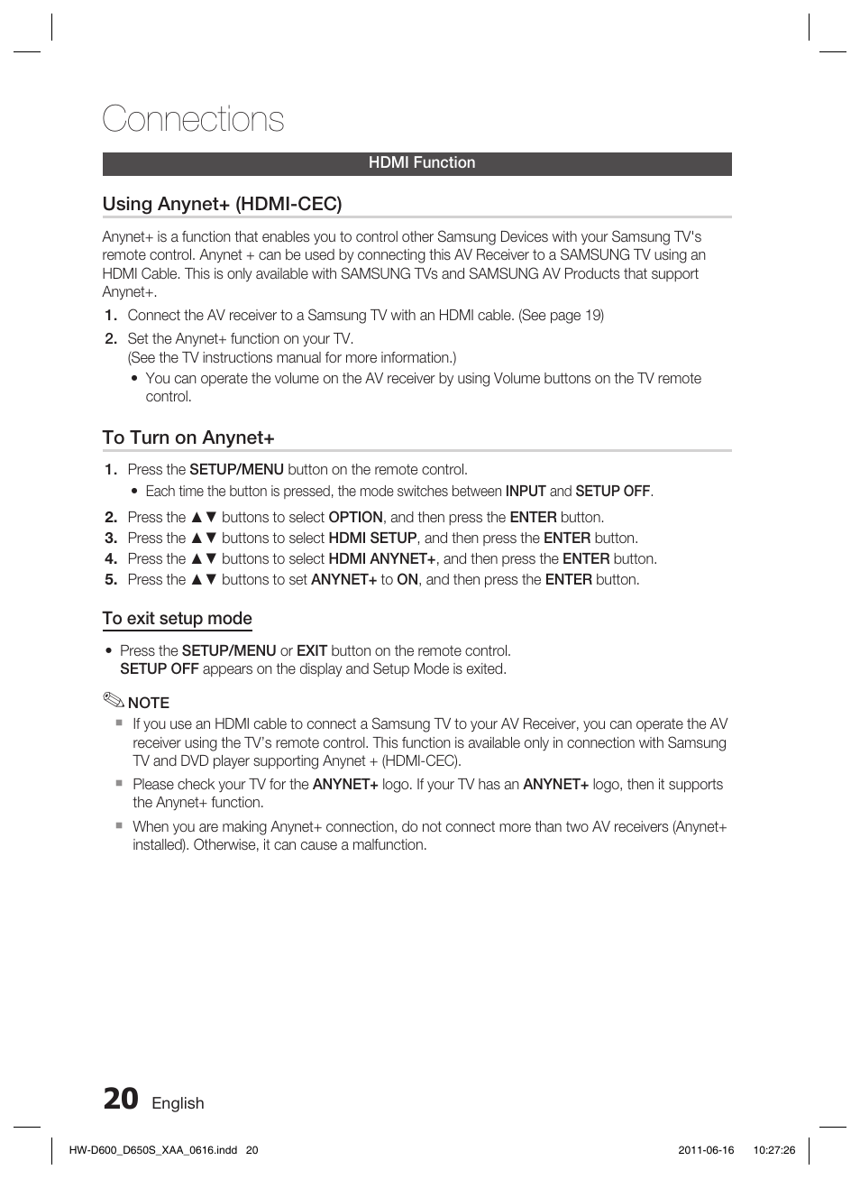 Hdmi function, Connections | Samsung HW-D650S-ZA User Manual | Page 20 / 62
