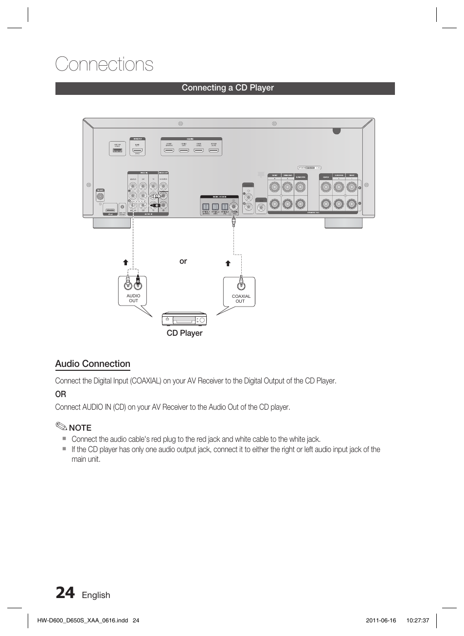 Connecting a cd player, Connections, Audio connection | English, Or cd player | Samsung HW-D650S-ZA User Manual | Page 24 / 62
