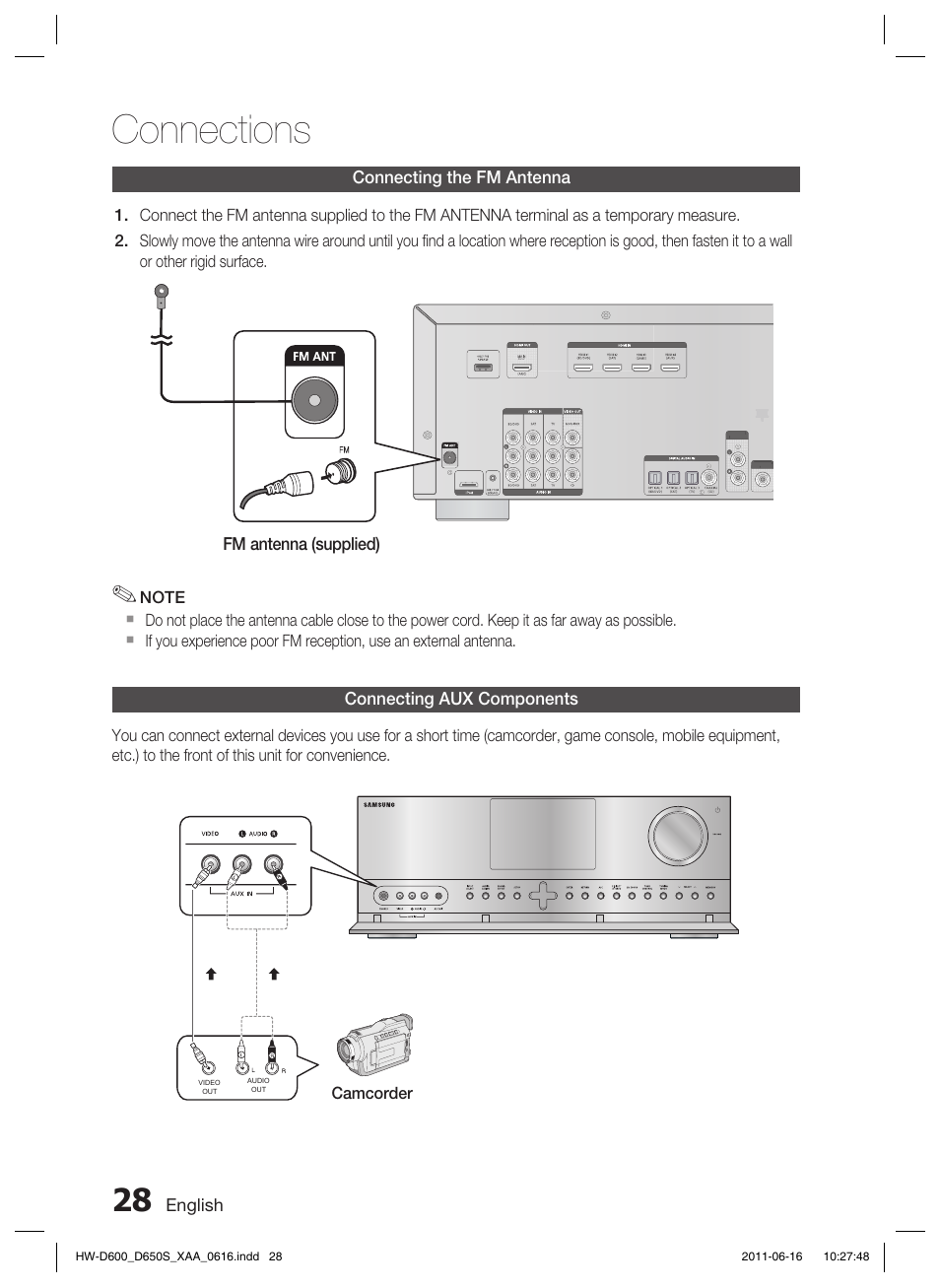 Connecting the fm antenna, Connecting aux components, Connections | English, Fm antenna (supplied), Camcorder | Samsung HW-D650S-ZA User Manual | Page 28 / 62