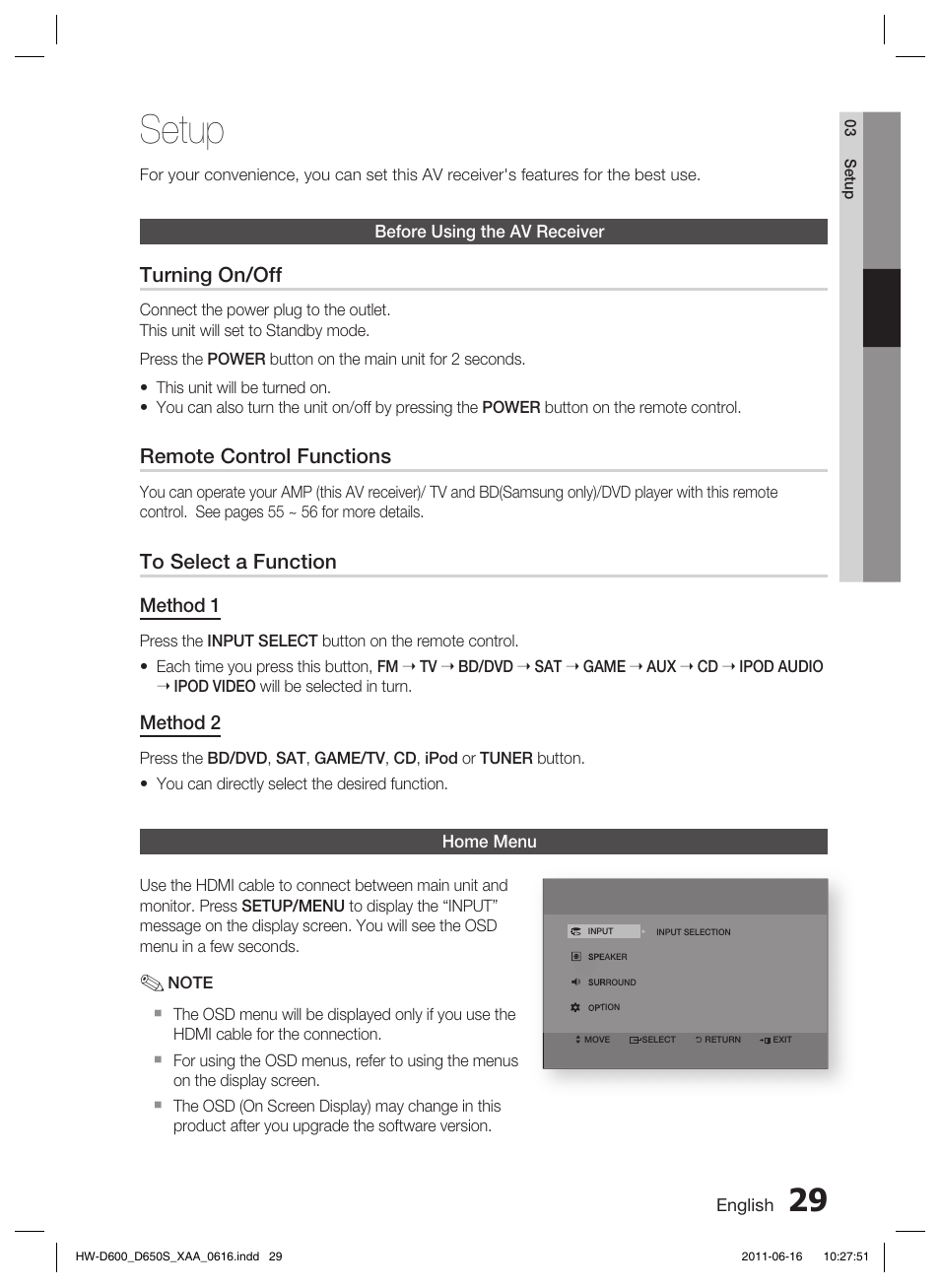 Setup, Before using the av receiver, Home menu | Samsung HW-D650S-ZA User Manual | Page 29 / 62