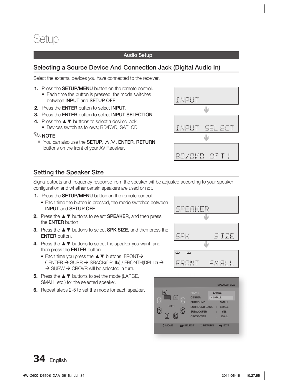 Audio setup, Setup, Setting the speaker size | Samsung HW-D650S-ZA User Manual | Page 34 / 62