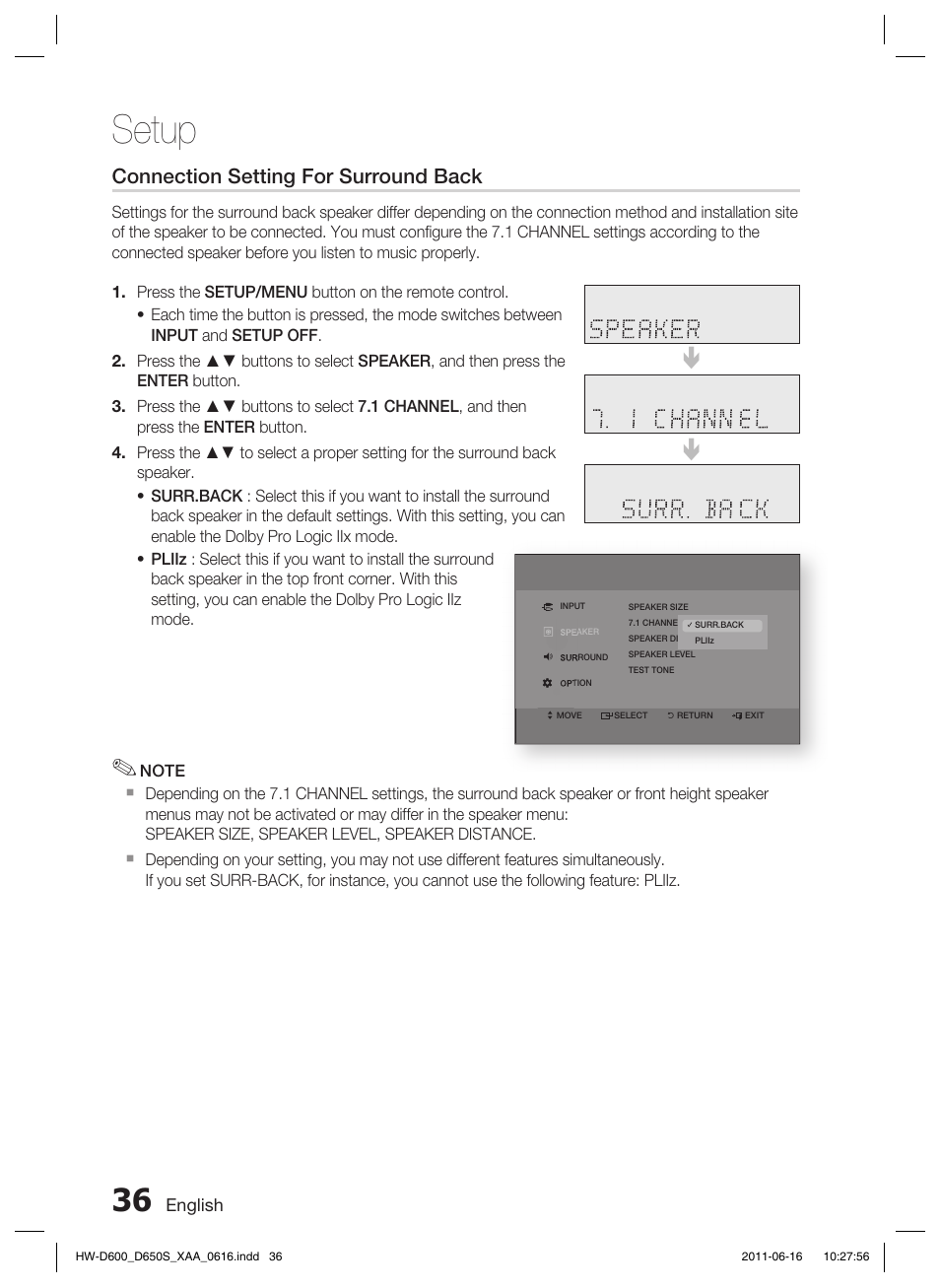 Setup, Connection setting for surround back | Samsung HW-D650S-ZA User Manual | Page 36 / 62