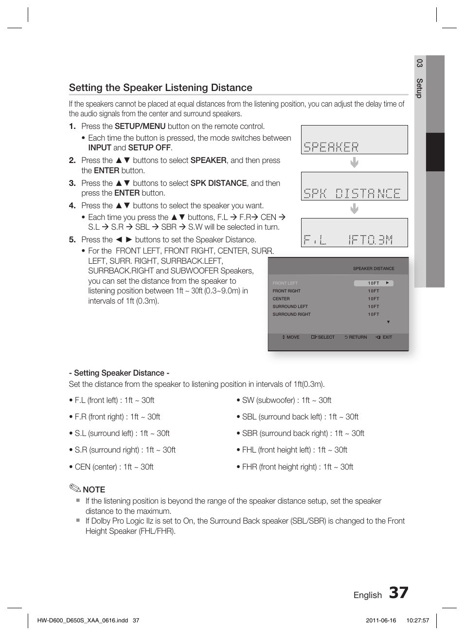 Setting the speaker listening distance | Samsung HW-D650S-ZA User Manual | Page 37 / 62