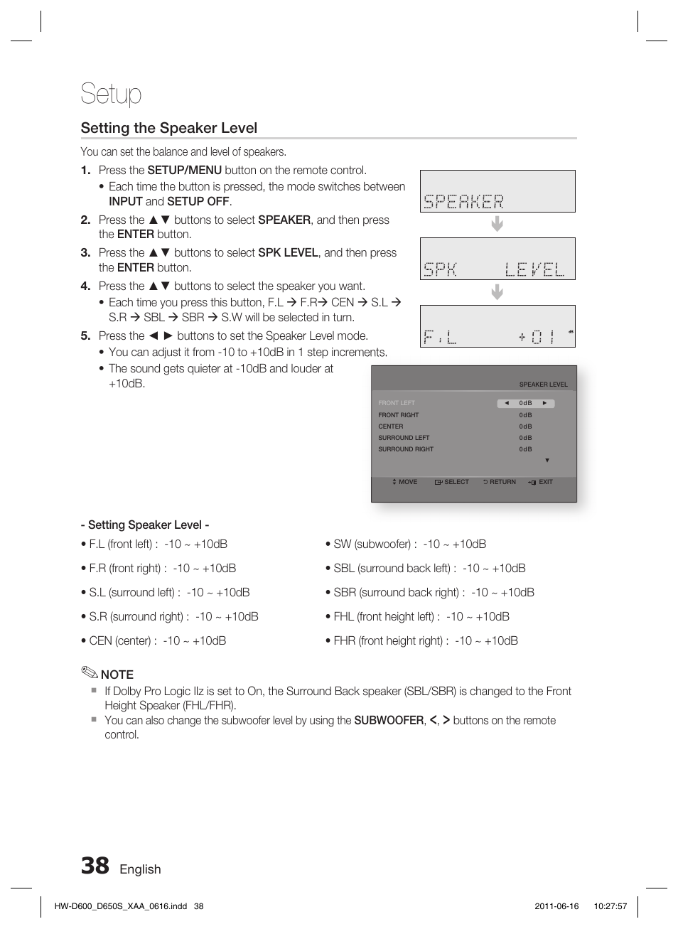 Setup, Setting the speaker level | Samsung HW-D650S-ZA User Manual | Page 38 / 62