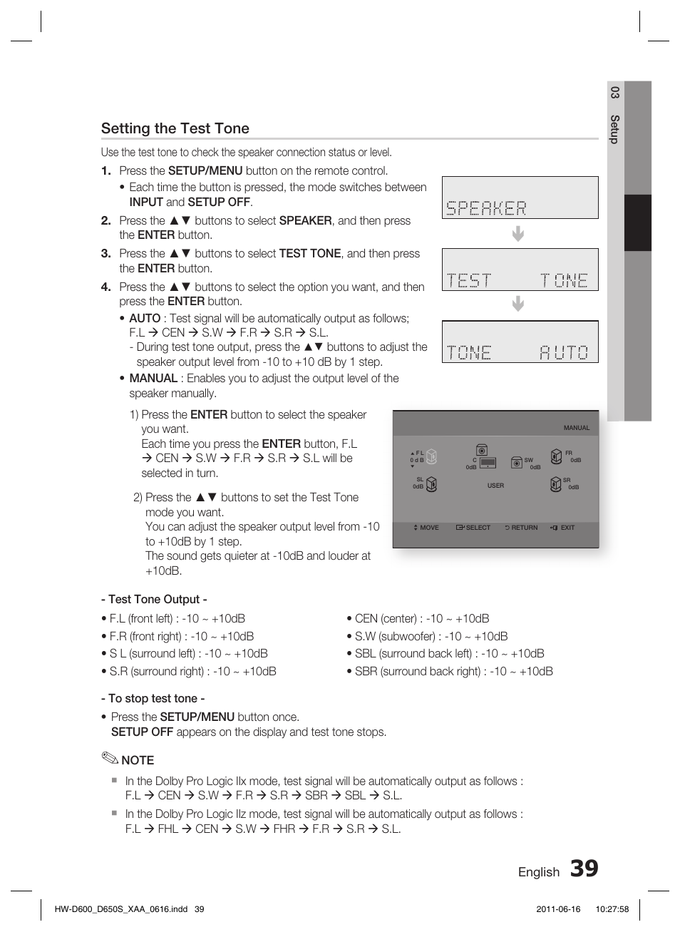 Setting the test tone | Samsung HW-D650S-ZA User Manual | Page 39 / 62