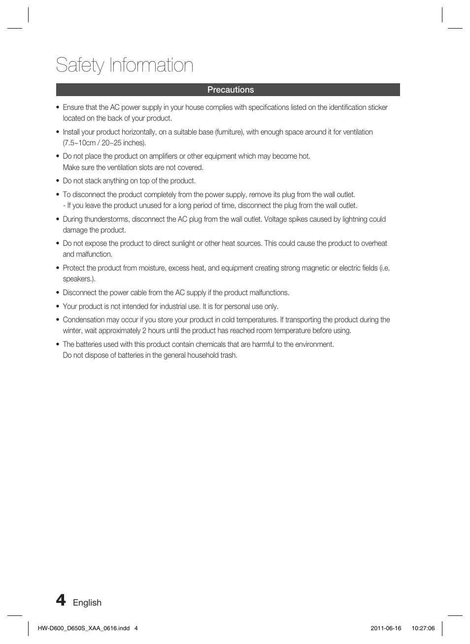 Safety information | Samsung HW-D650S-ZA User Manual | Page 4 / 62
