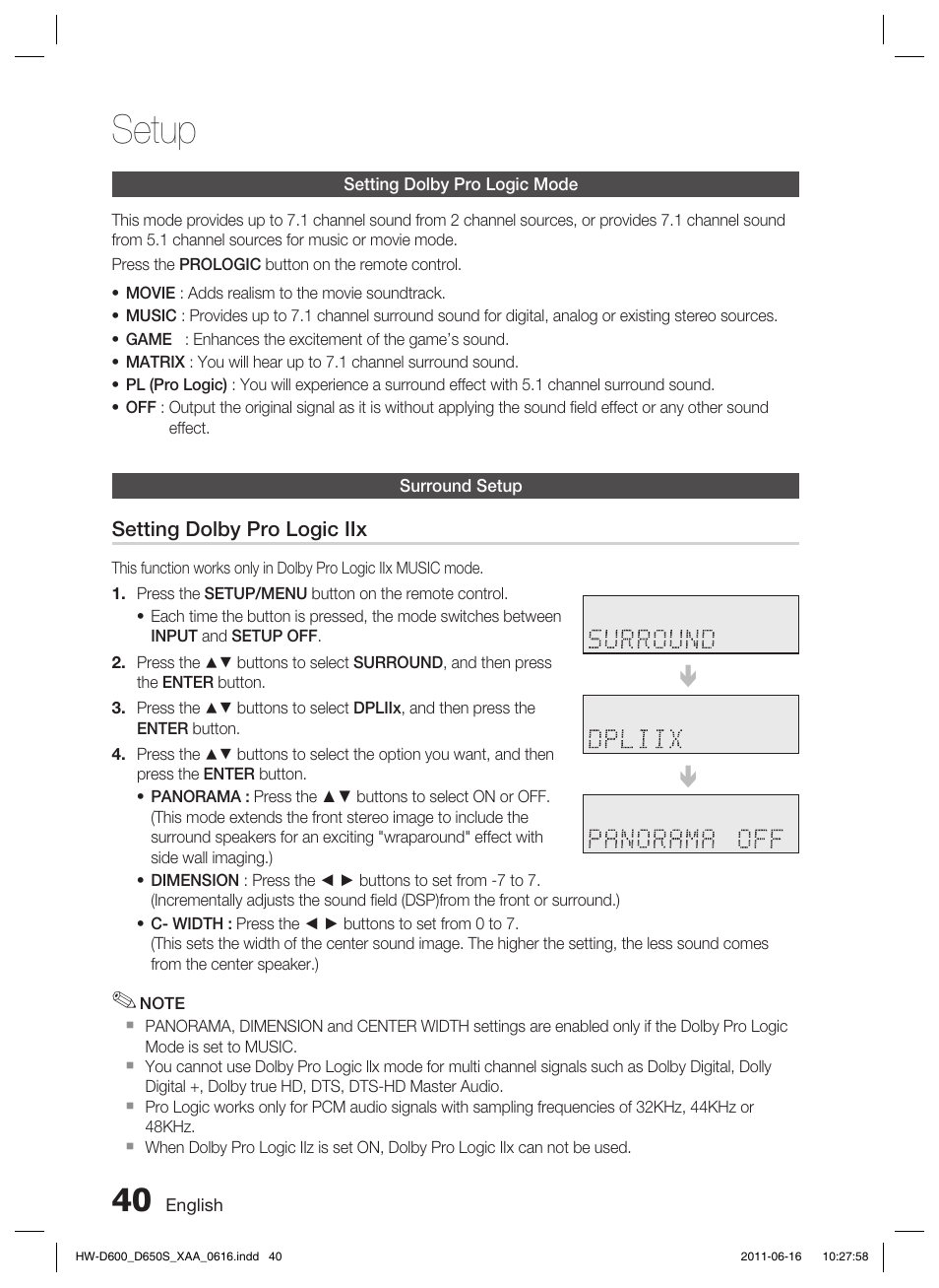 Setting dolby pro logic mode, Surround setup, Setup | Samsung HW-D650S-ZA User Manual | Page 40 / 62