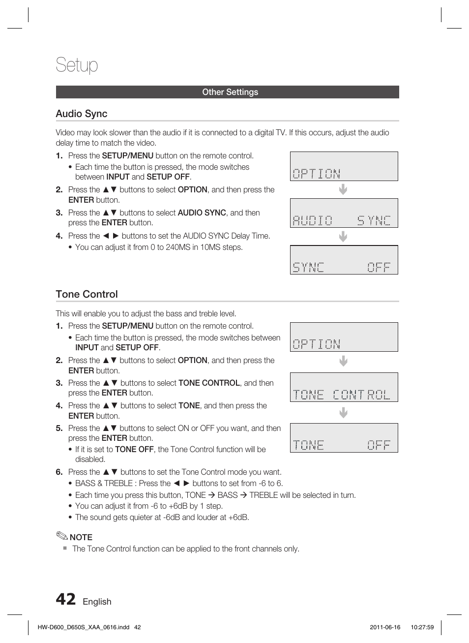 Other settings, Setup | Samsung HW-D650S-ZA User Manual | Page 42 / 62