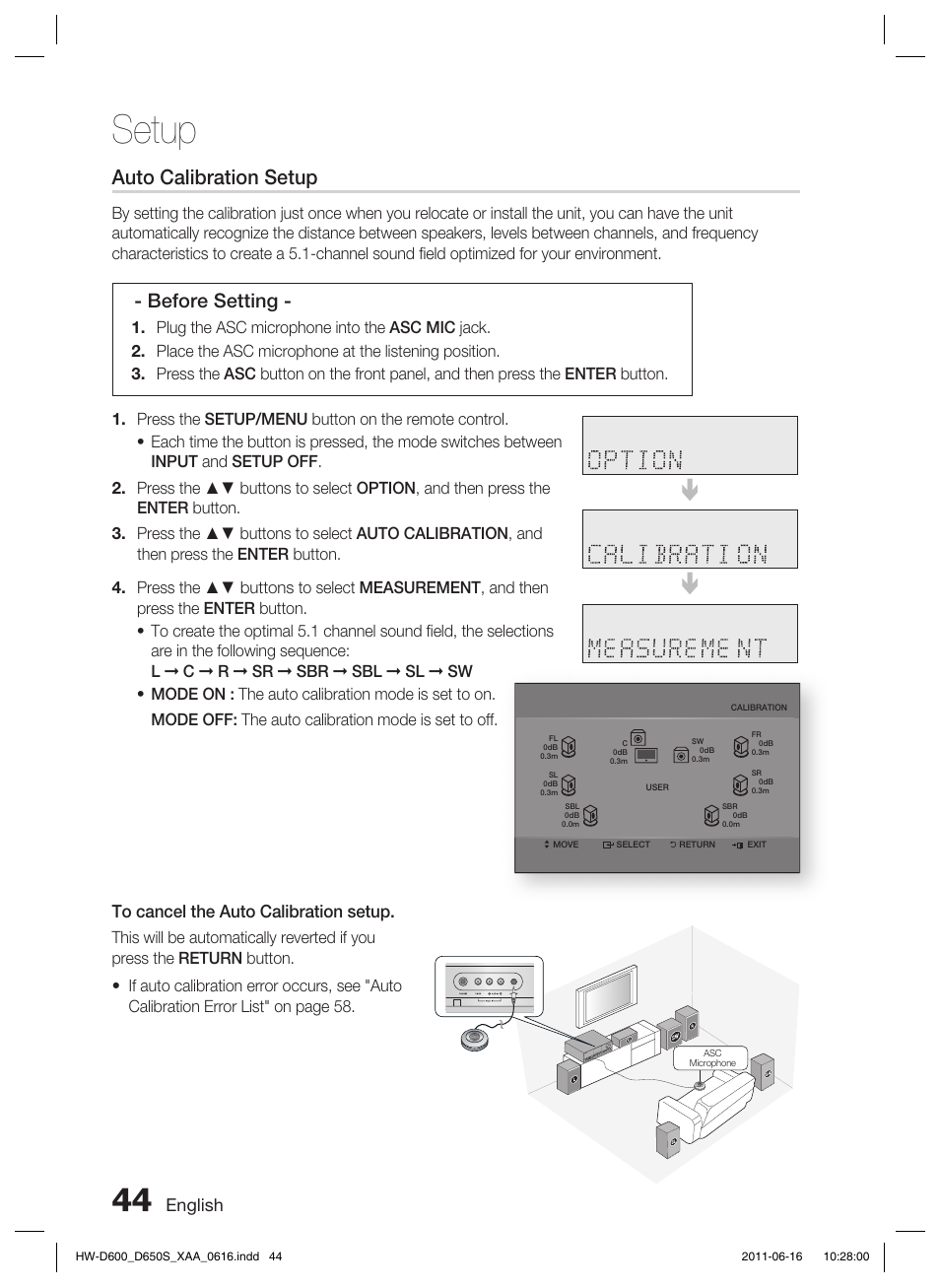 Setup, Auto calibration setup, Before setting | English | Samsung HW-D650S-ZA User Manual | Page 44 / 62