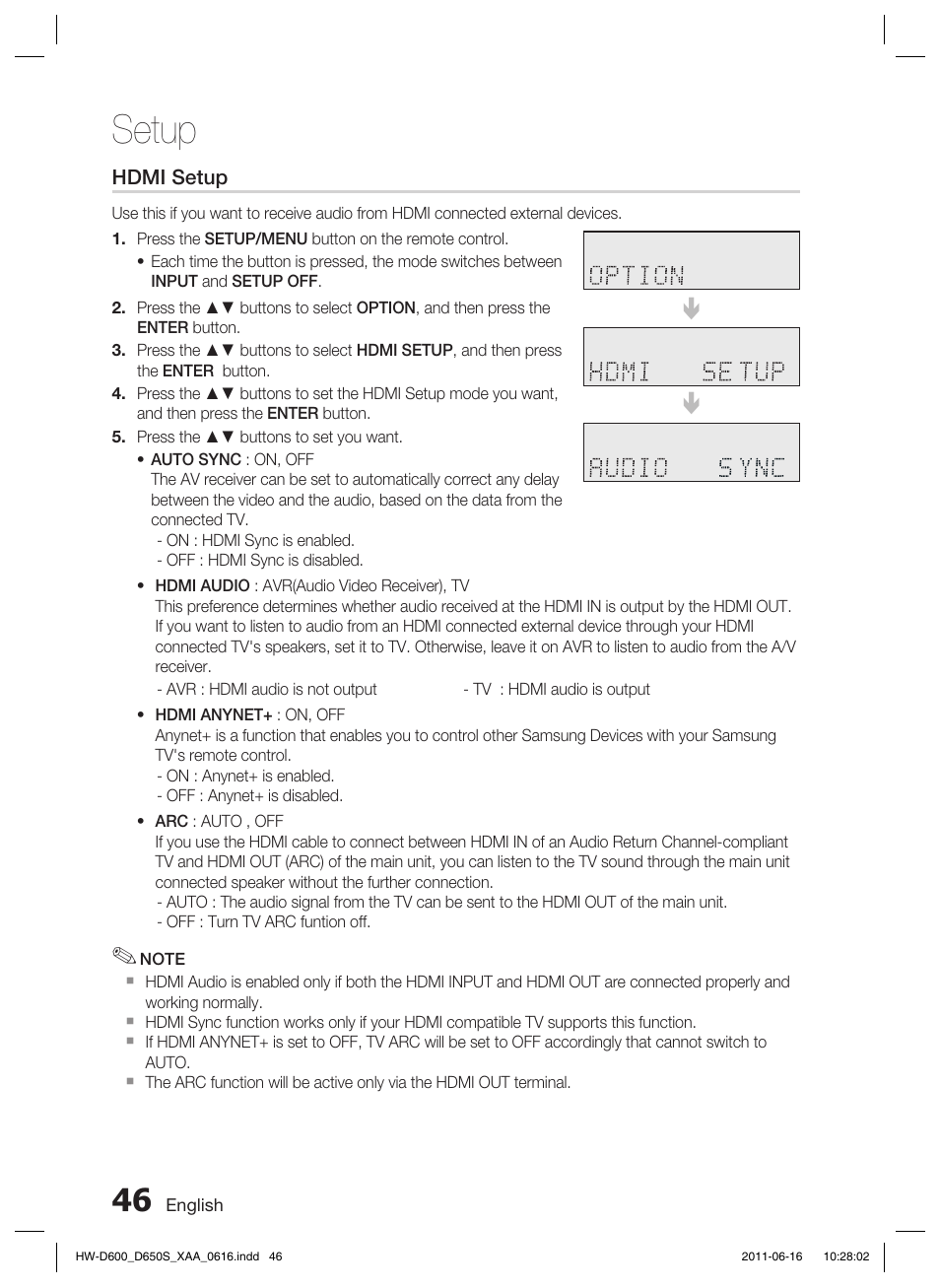 Setup | Samsung HW-D650S-ZA User Manual | Page 46 / 62