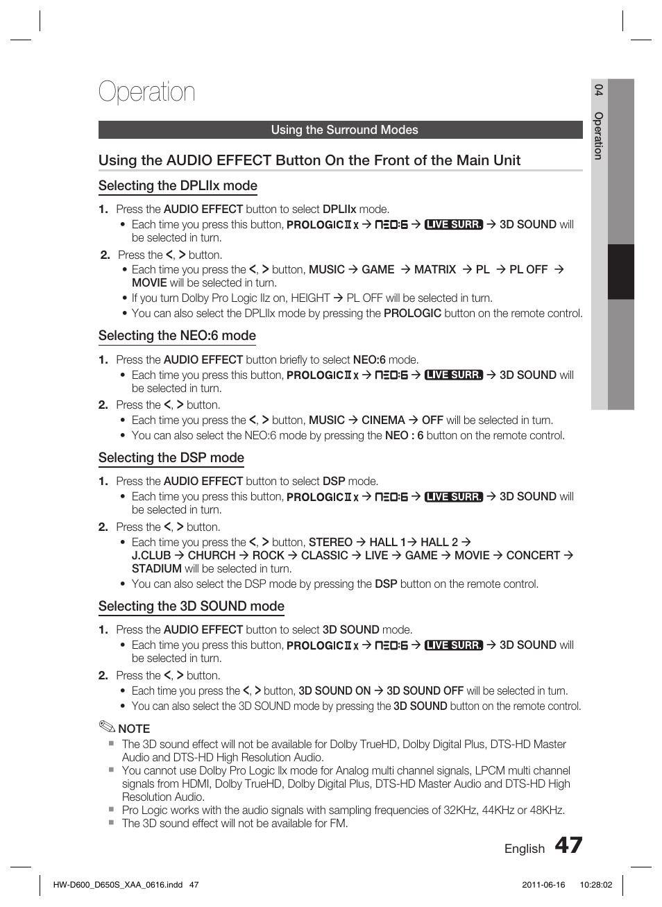 Operation, Using the surround modes | Samsung HW-D650S-ZA User Manual | Page 47 / 62