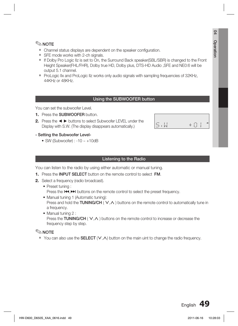 Using the subwoofer button, Listening to the radio | Samsung HW-D650S-ZA User Manual | Page 49 / 62