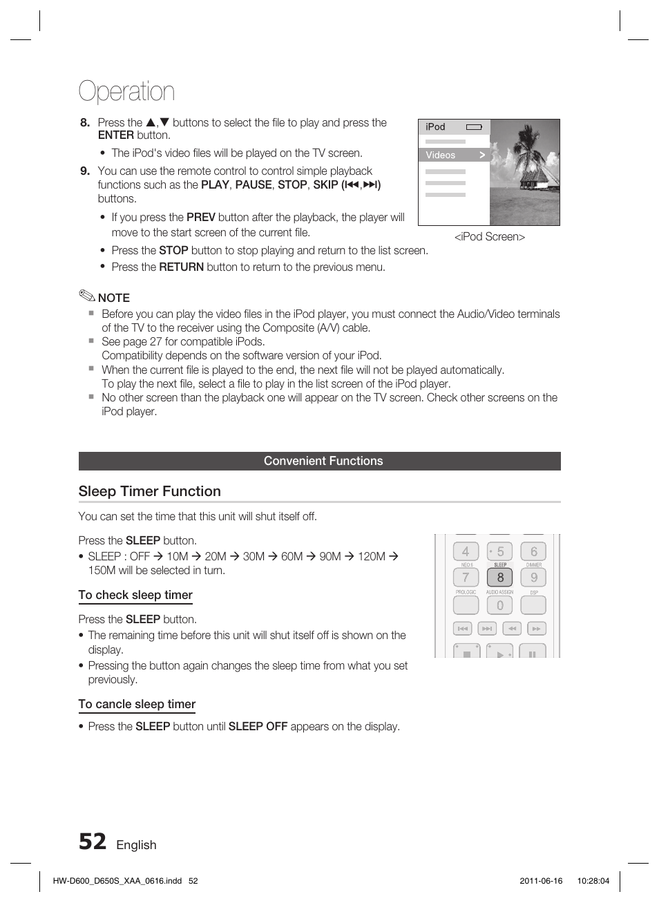 Convenient functions, Operation | Samsung HW-D650S-ZA User Manual | Page 52 / 62