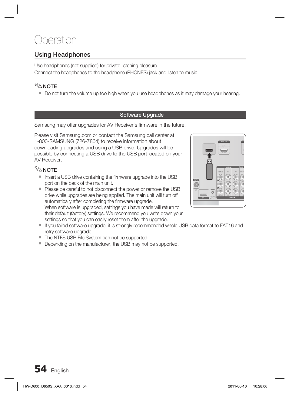 Software upgrade, Operation | Samsung HW-D650S-ZA User Manual | Page 54 / 62