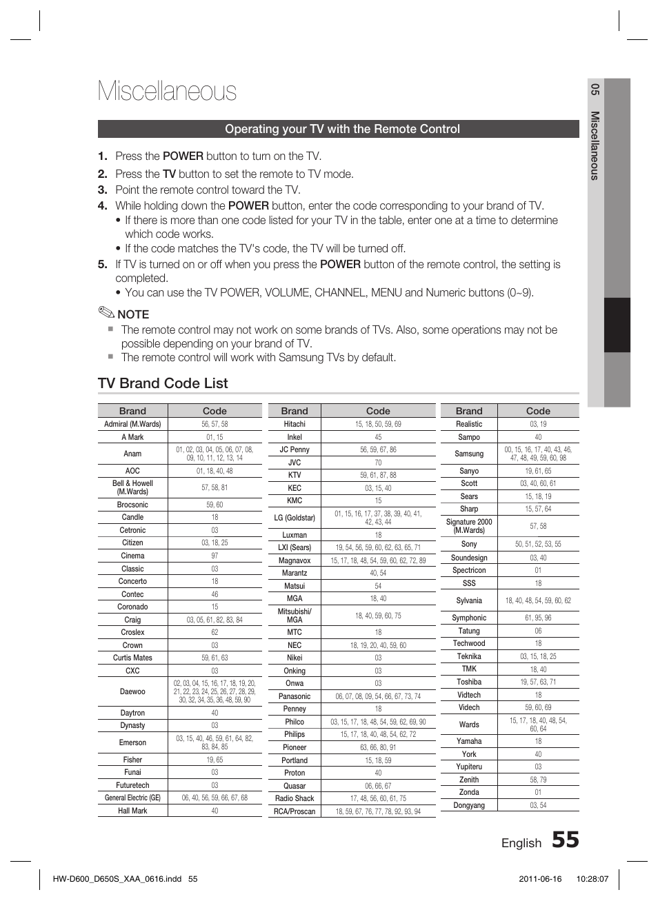 Operating your tv with the remote control, Miscellaneous, Tv brand code list | English | Samsung HW-D650S-ZA User Manual | Page 55 / 62