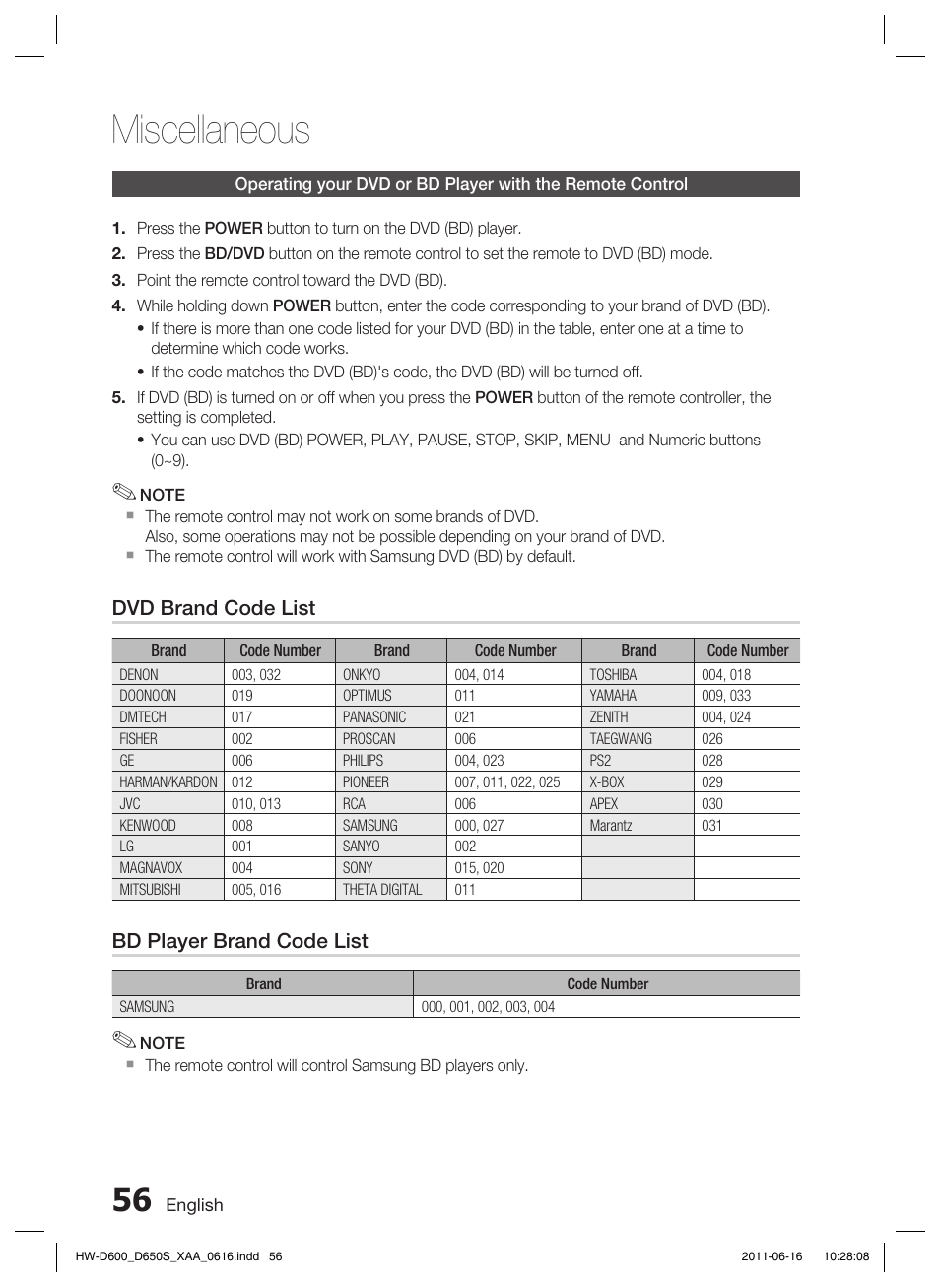 Miscellaneous, Dvd brand code list, Bd player brand code list | Samsung HW-D650S-ZA User Manual | Page 56 / 62